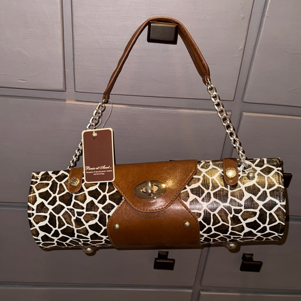 Stylish Brown and White Clutch with Geometric Pattern and Gold Hardware
